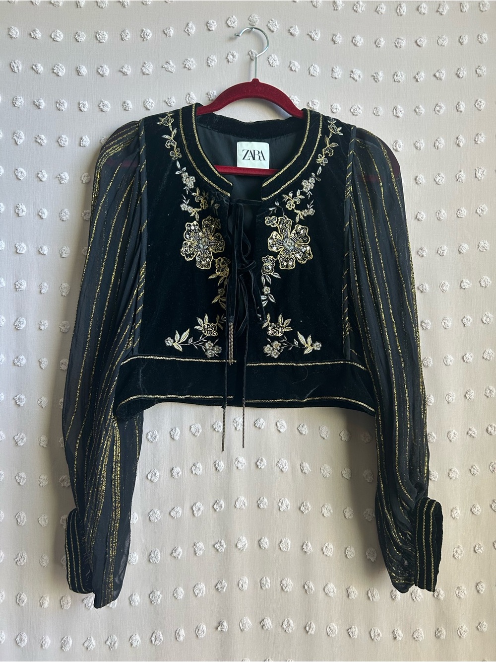 Zara Embroidered Gold Detail Balloon Sleeve Cropped Velvet Jacket Sz M
